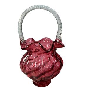 Vtg Fenton Cranberry Spiral Art Glass Basket Ruffled Top Clear Twisted Handle